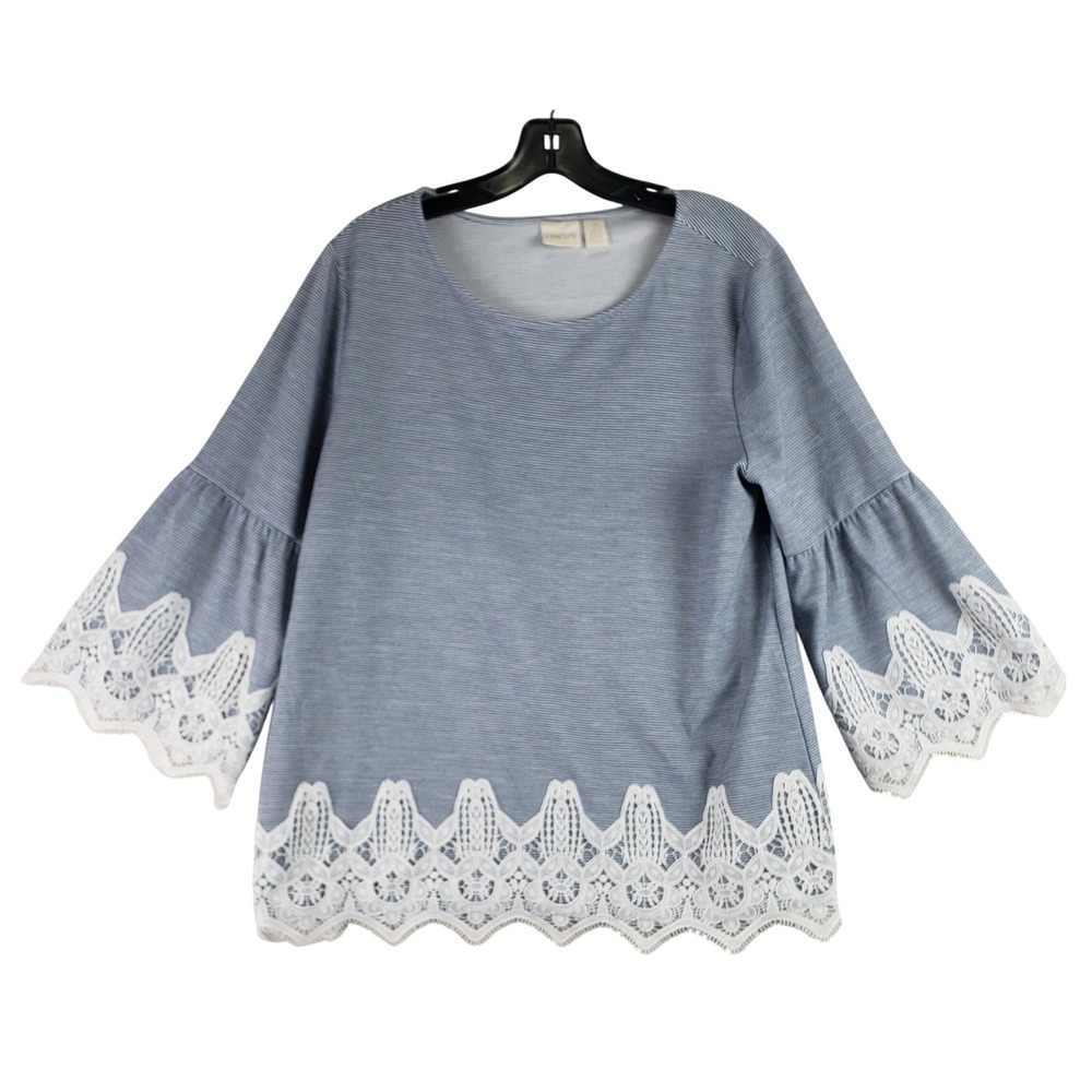 Chico's Bell Sleeve Top Women 2 Blue Striped Crochet Lace Coastal Boho